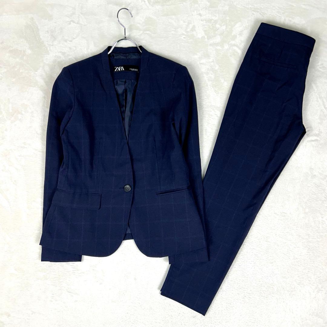 人気♡ザラ パンツスーツセットアップ ノーカラー チェック 大きいサイズ 洗濯