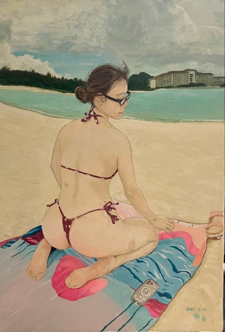 絵　絵画　アート　人物画　海　沖縄　ビーチ　日光浴　インテリア　癒し　セクシー