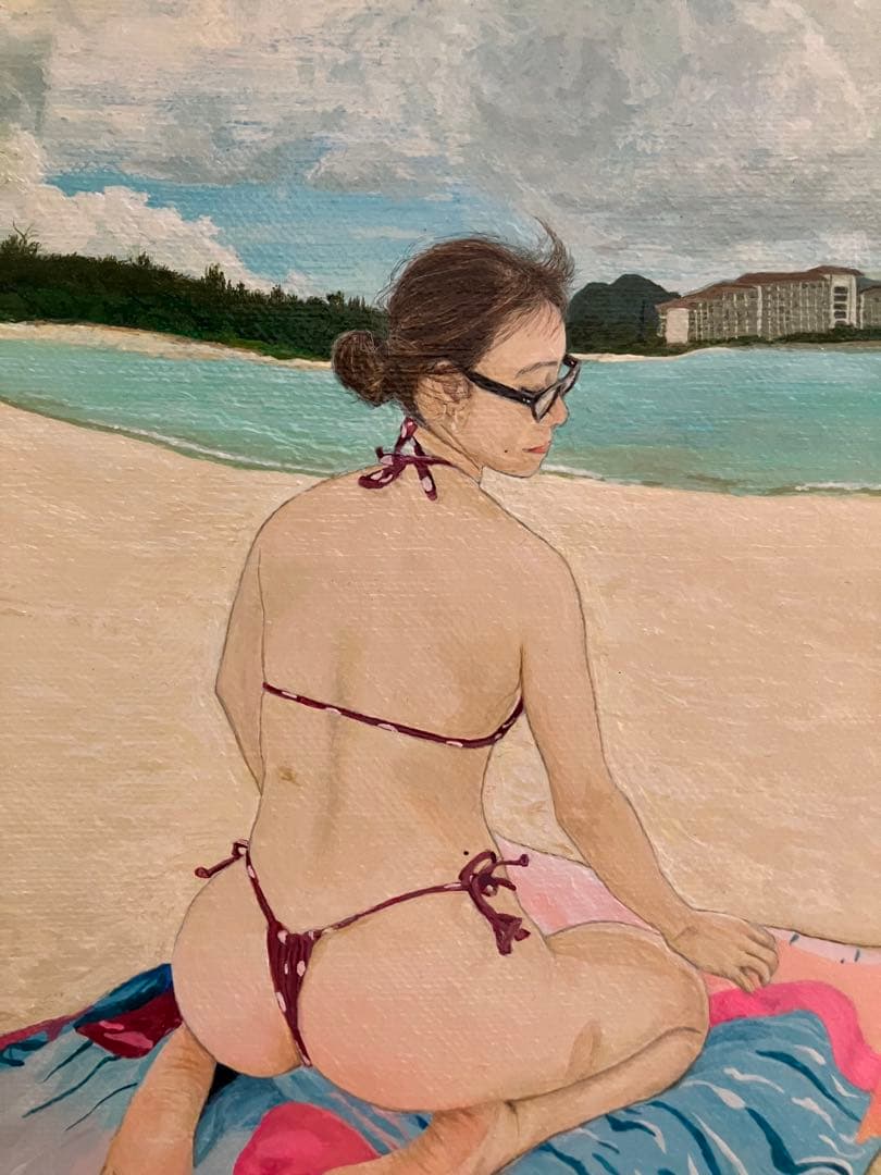 絵　絵画　アート　人物画　海　沖縄　ビーチ　日光浴　インテリア　癒し　セクシー