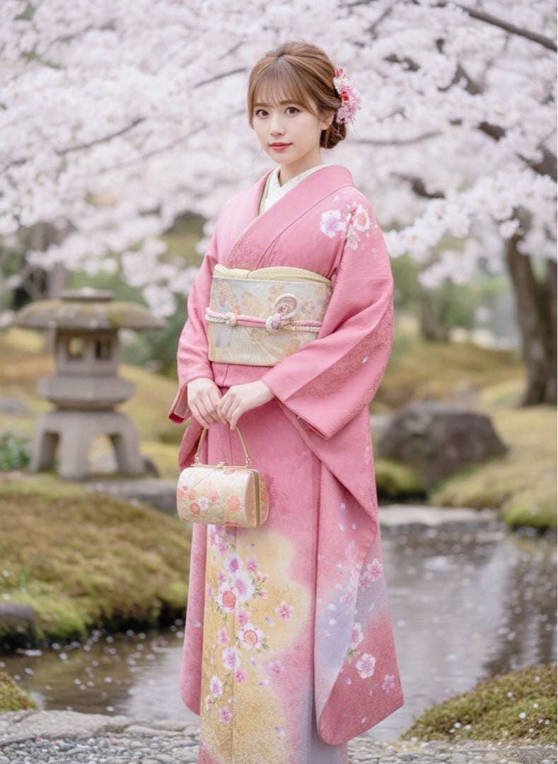 美品正絹振袖　帯締め　大輪桜　ピンク　上品なデザイン　トールサイズ