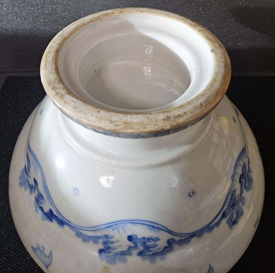 江戸末期～明治時代　古伊万里　染付 松に鶴図　大盃洗　コンポート　径30.1cm