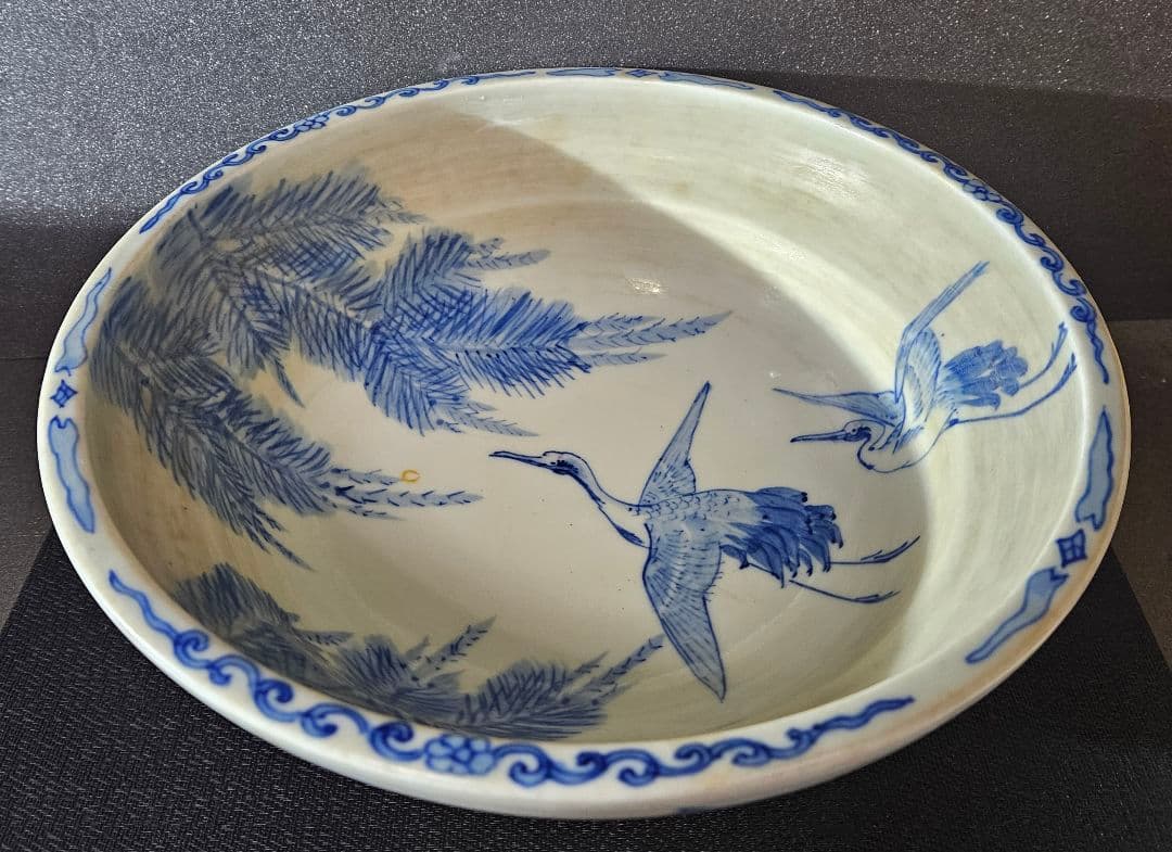 江戸末期～明治時代　古伊万里　染付 松に鶴図　大盃洗　コンポート　径30.1cm