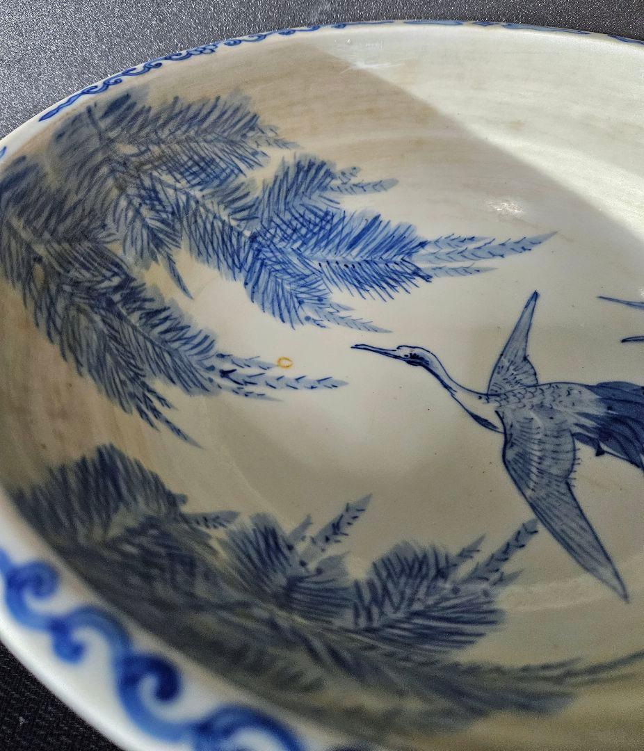 江戸末期～明治時代　古伊万里　染付 松に鶴図　大盃洗　コンポート　径30.1cm