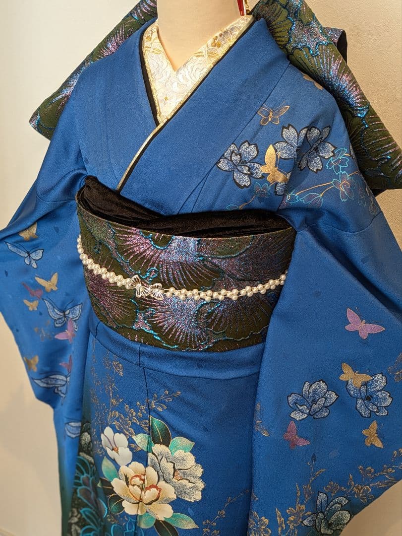 振袖フルセット 身丈168裄68 豪華振袖 金銀彩 青 黒 正絹 逸品 成人式