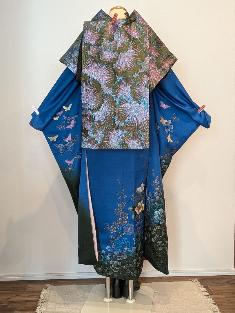 振袖フルセット 身丈168裄68 豪華振袖 金銀彩 青 黒 正絹 逸品 成人式