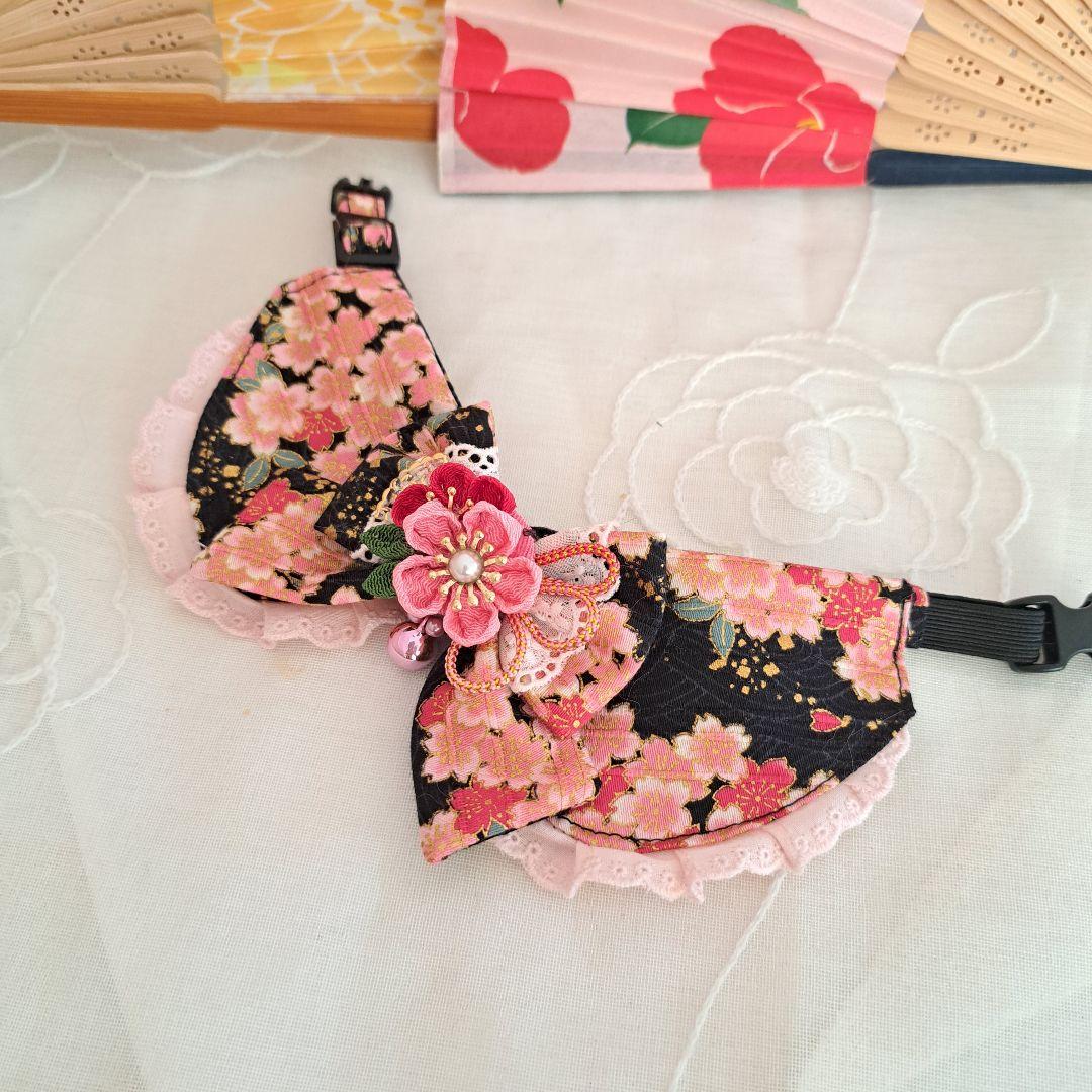 和風つまみ細工(黒①)わんちゃん猫ちゃん用襟付き首輪