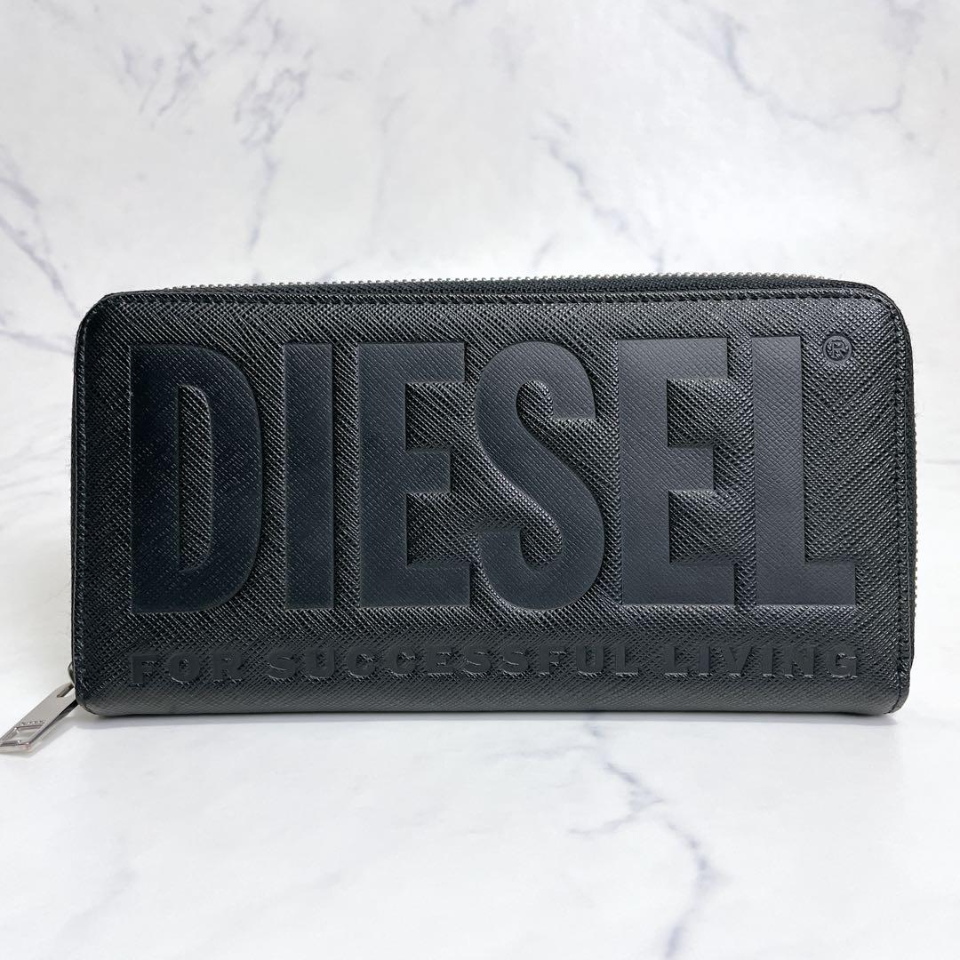 未使用級✨DIESEL デカロゴ ラウンドファスナー サフィアーノレザー 黒