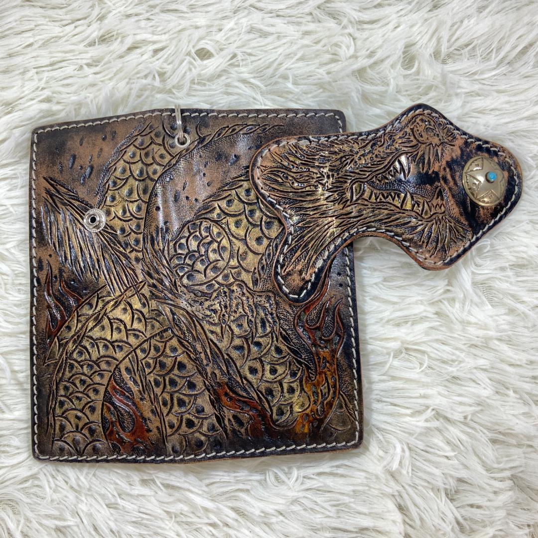 バイカーズウォレット　 レザー　長財布　本革　カーヴィング　コンチョ　ターコイズ