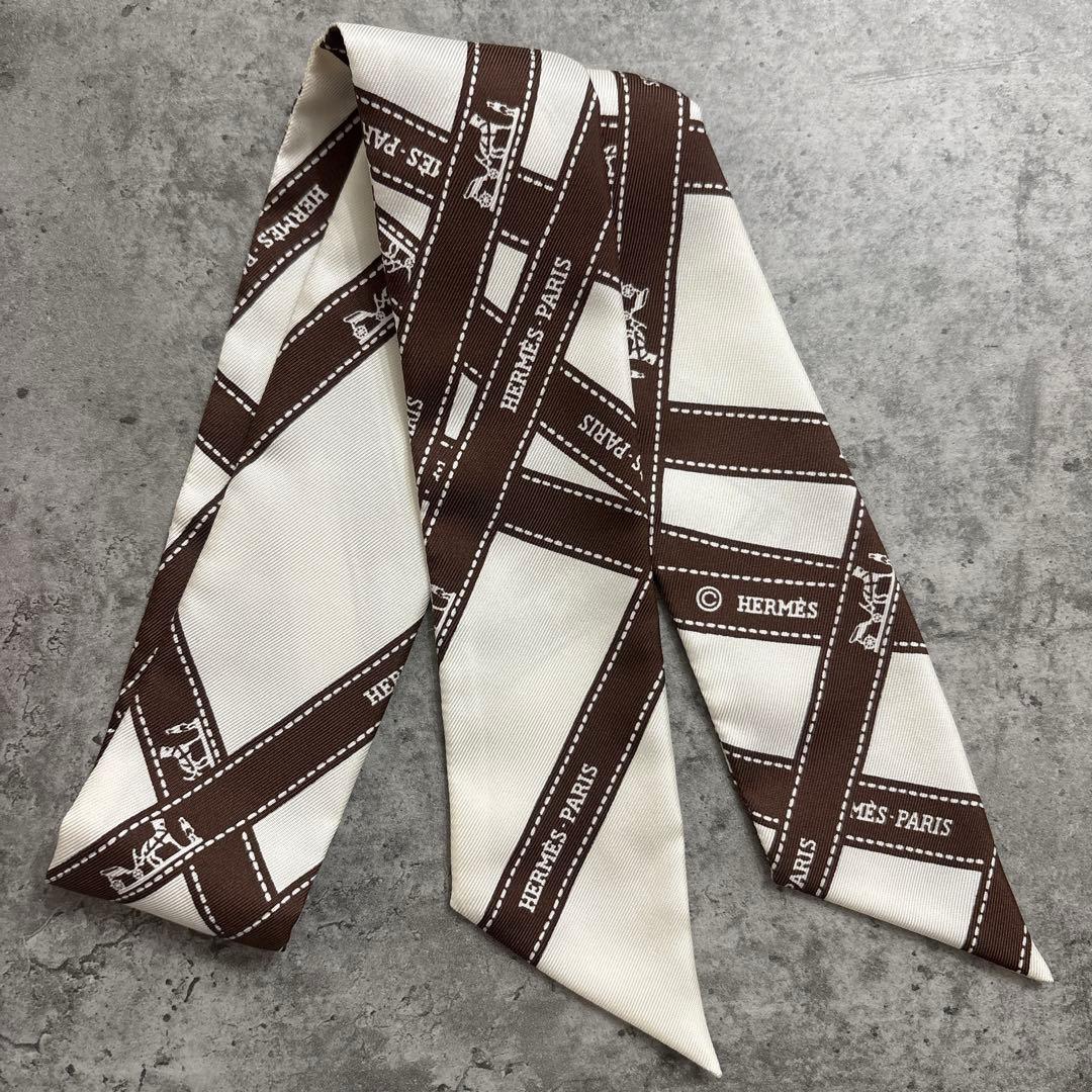 新品　エルメス　ツイリー　ボルデュックリボン　ホワイト×ブラウン　スカーフ