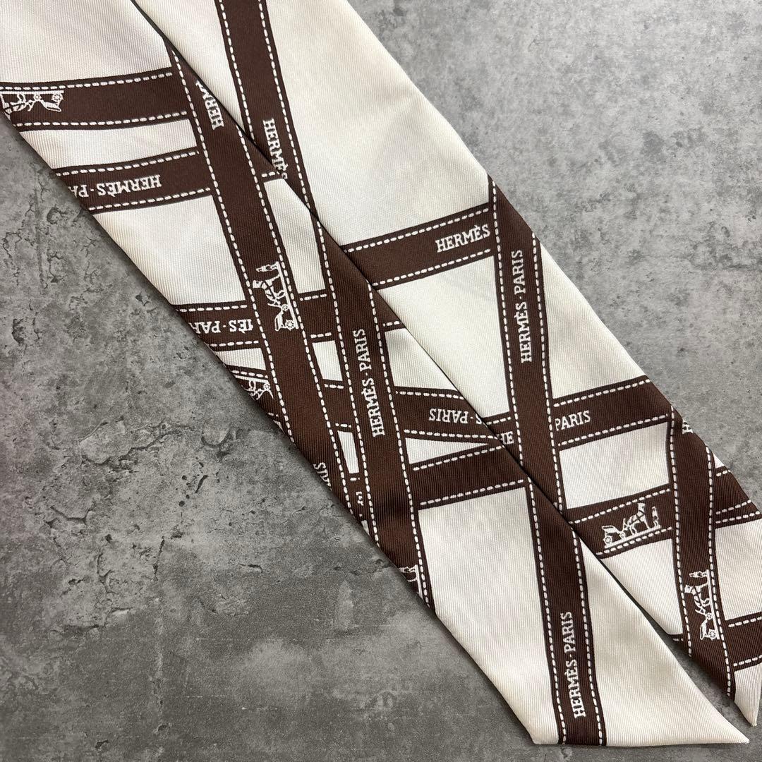 新品　エルメス　ツイリー　ボルデュックリボン　ホワイト×ブラウン　スカーフ