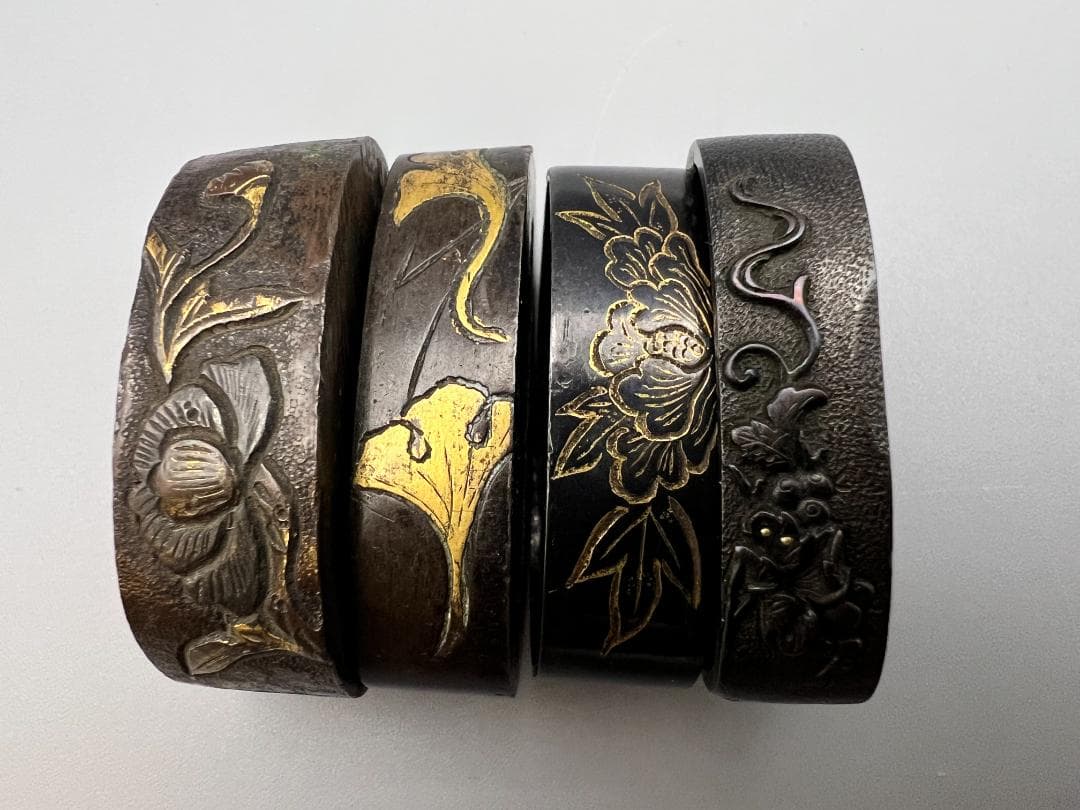 【海】江戸明治期　日本刀装具　花図　牡丹　金象嵌　縁頭　４点　骨董品　美術品