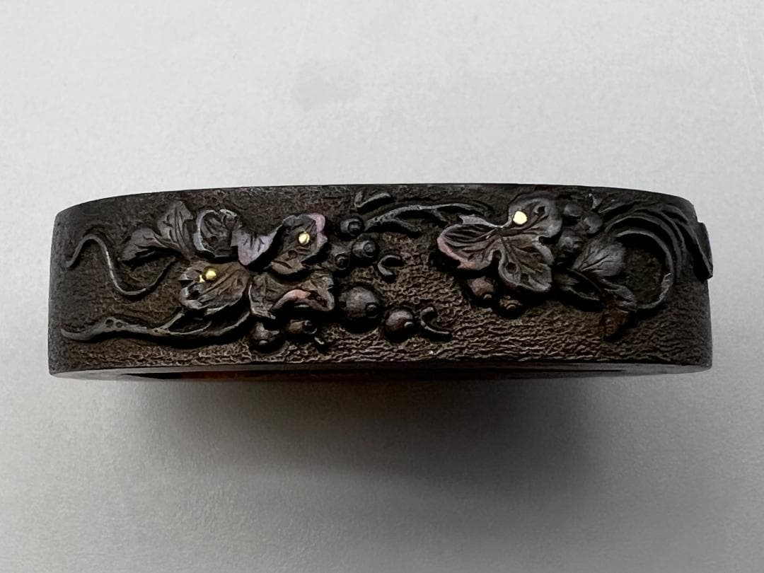 【海】江戸明治期　日本刀装具　花図　牡丹　金象嵌　縁頭　４点　骨董品　美術品