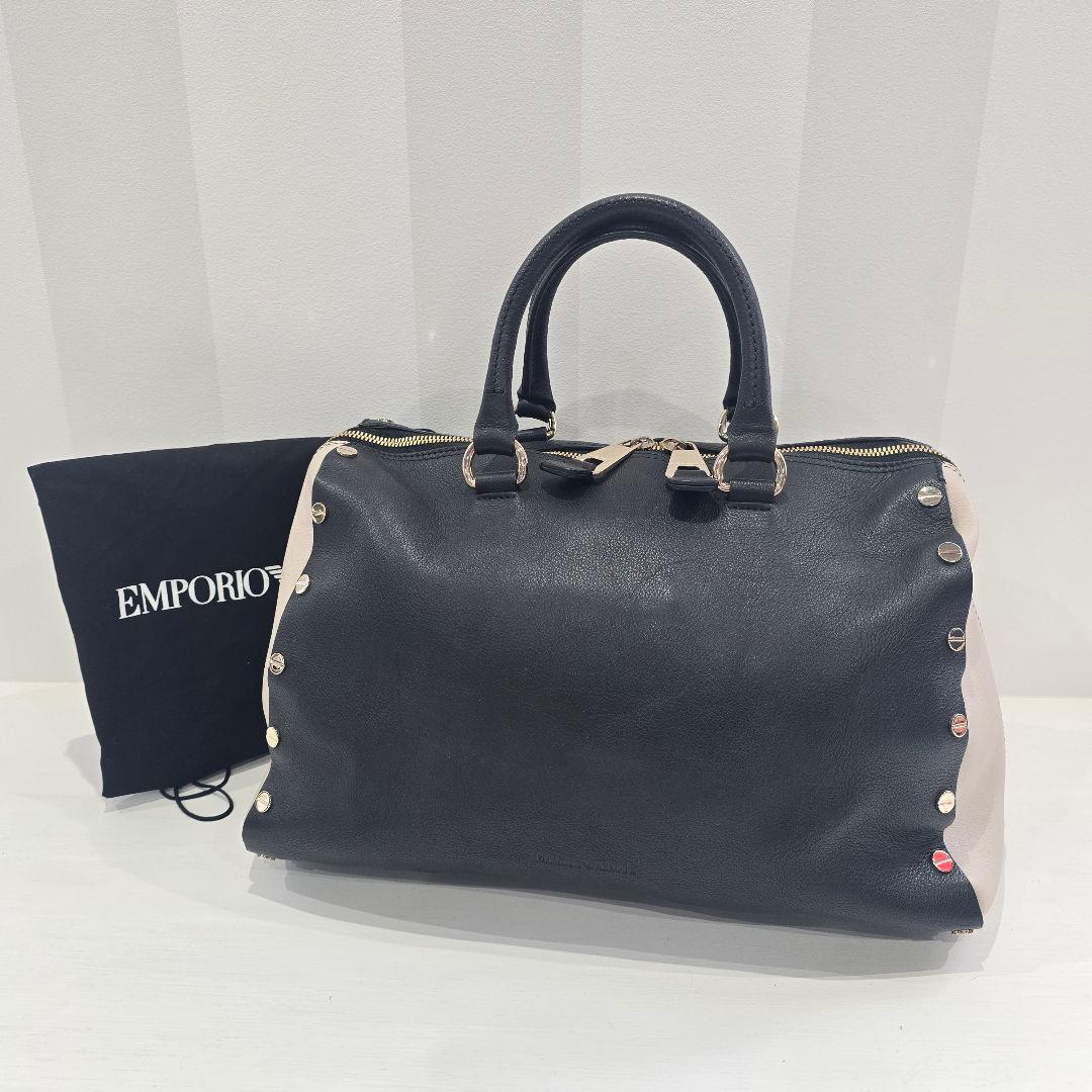 エンポリオアルマーニ ボストンバッグ レザー スタッズ バイカラー