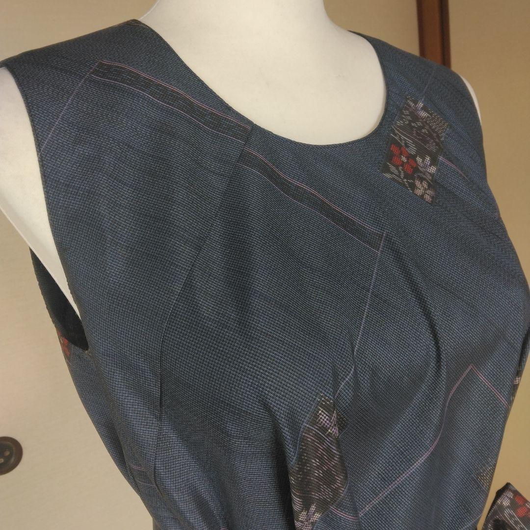 大島紬解き生地から、バイアス仕立てロングフレアーワンピース　　Ｓ寸