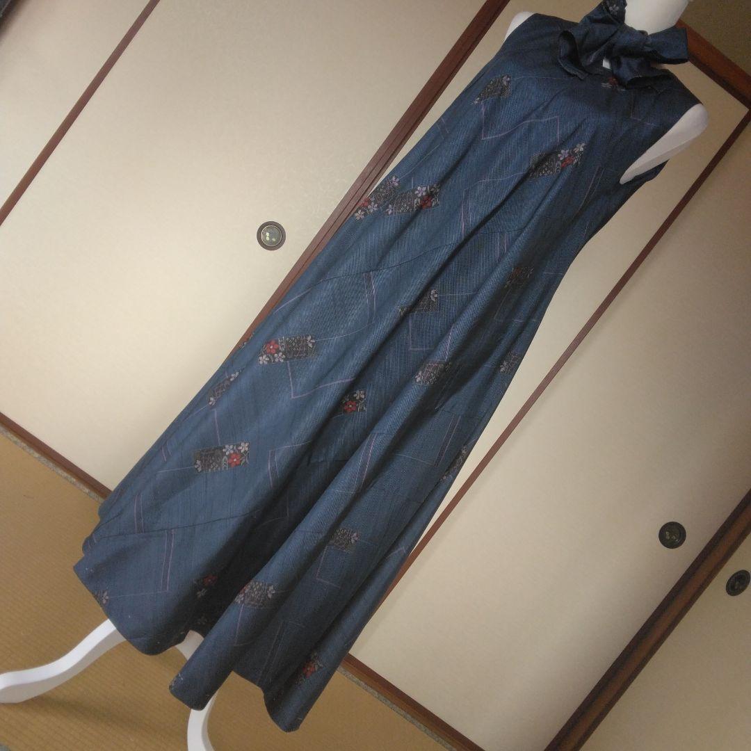 大島紬解き生地から、バイアス仕立てロングフレアーワンピース　　Ｓ寸