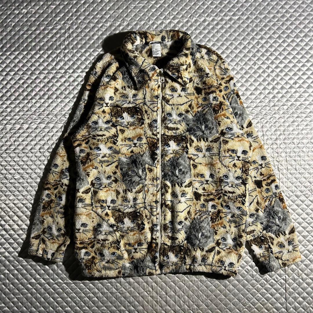 90s 猫フリースジャケット キャット ボア ジップアップ アニマル 動物