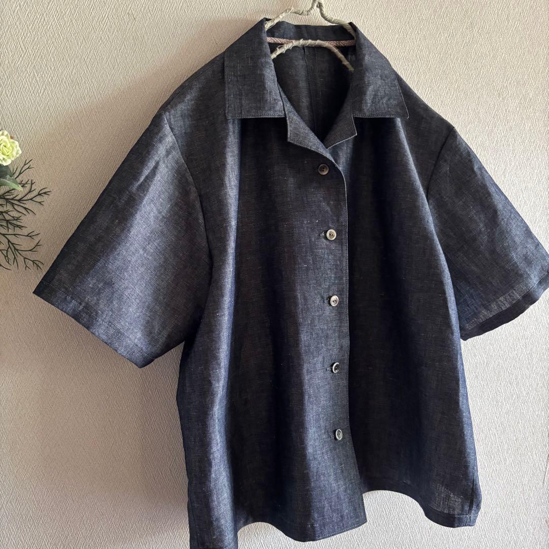 #25191 ハルソラタン　リネン100% 後ろギャザー開襟ブラウス　【L】