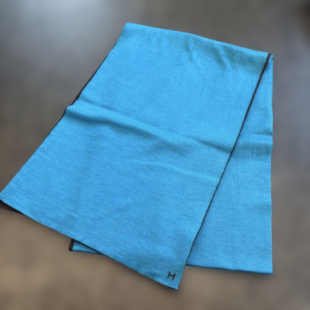 HERMES カシミア　シルク マフラー ブルーブラウン　Hロゴ