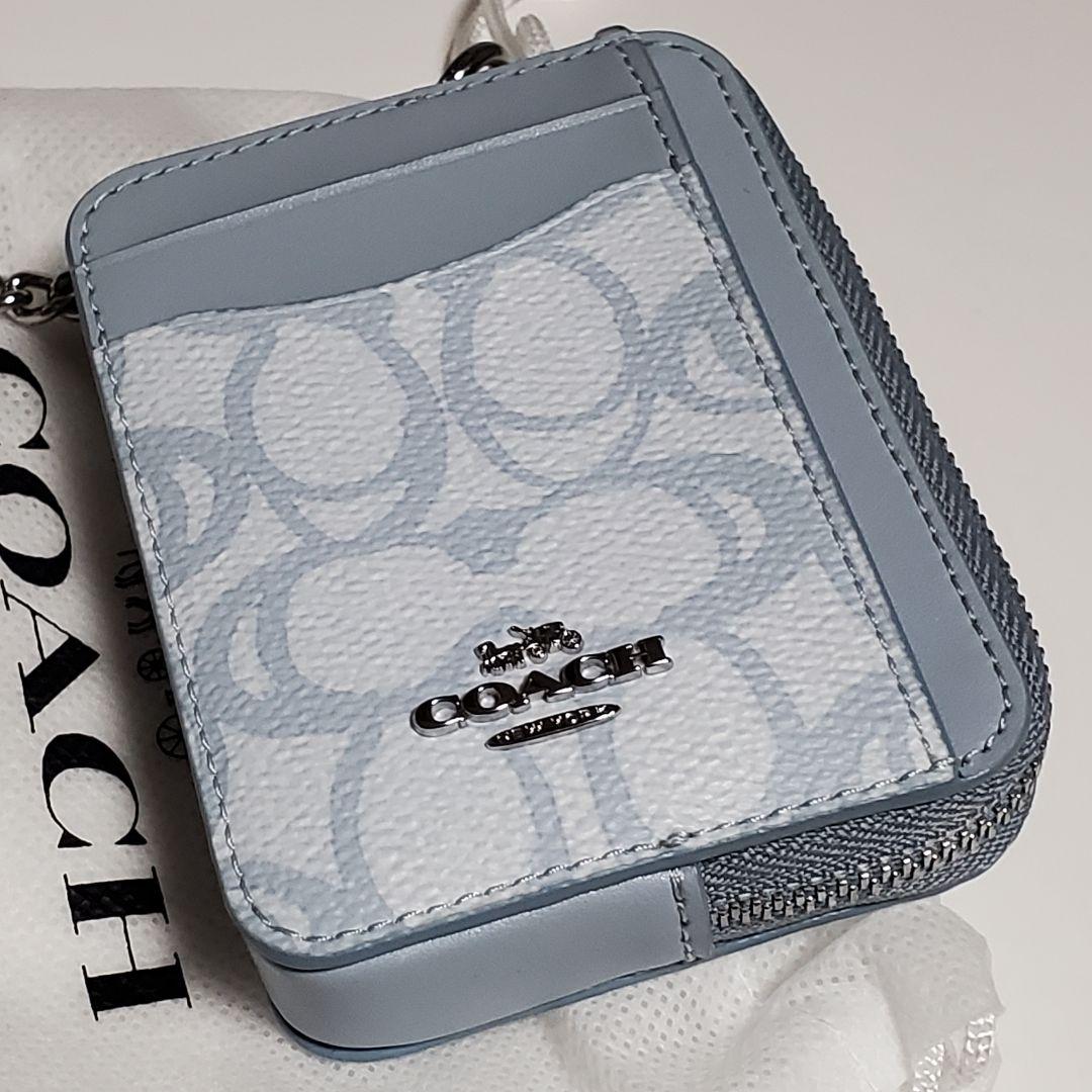 COACH カードケース シグネチャー柄 水色 コーチ