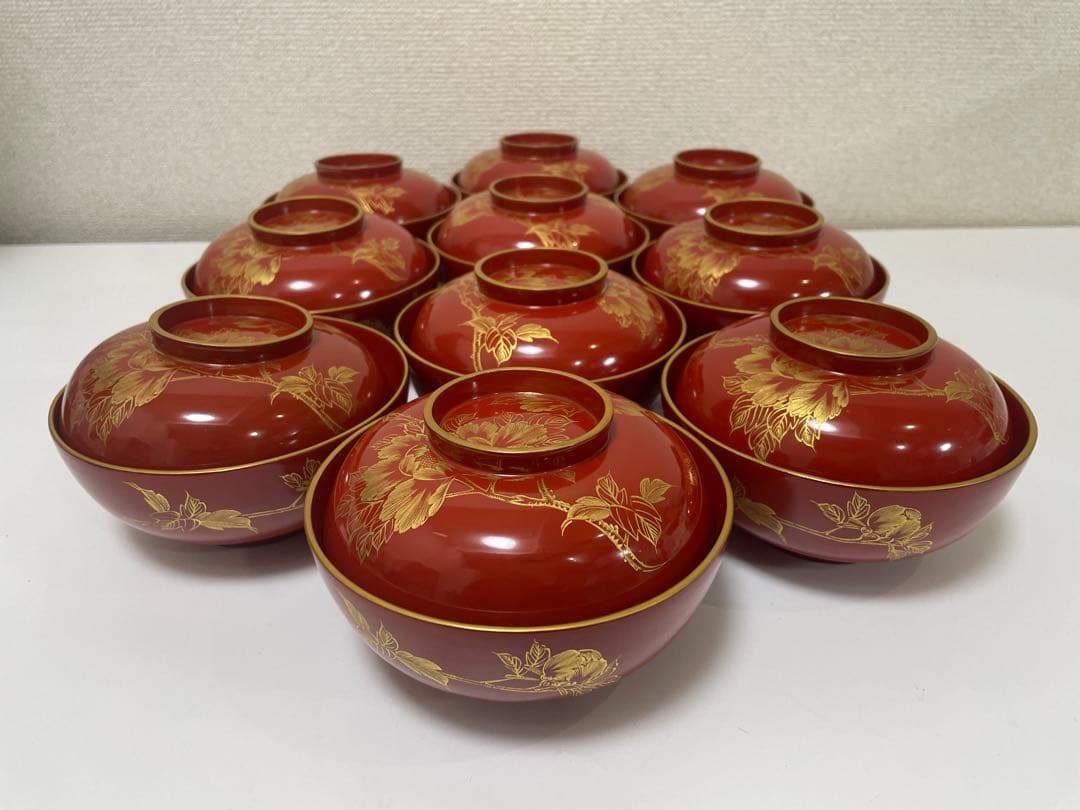 漆器 朱漆 内朱塗 漆器 吸物 懐石椀 煮物椀 10 客 牡丹柄 アンティーク