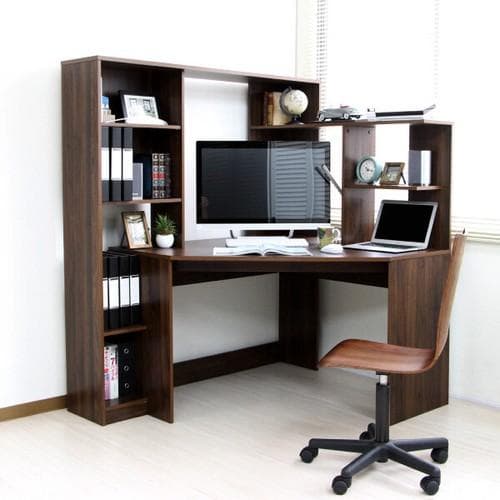 《新品送料無料》パソコンデスク コーナー ハイタイプ 書棚付き ブラウン 北欧風