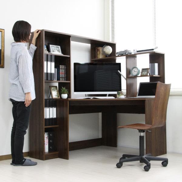 《新品送料無料》パソコンデスク コーナー ハイタイプ 書棚付き ブラウン 北欧風