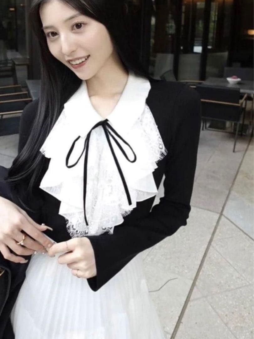 SNIDEL♡Sustainableレイヤードラッフルニットプルオーバーブラック