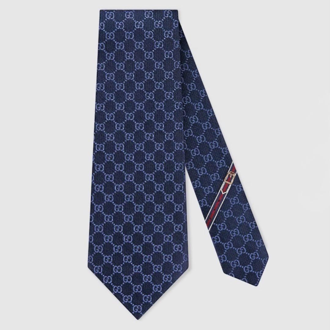 極美品 GUCCI グッチ GG ロゴ ネクタイ シルク 456520 ネイビー