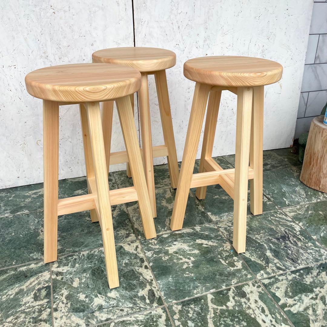 みかん　国産ひのき　木製スツール　カウンターチェアー　丸椅子　3脚