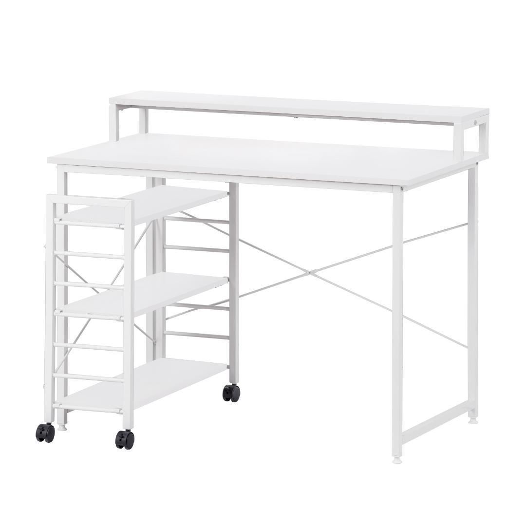 【ホワイト】パソコンデスクキャスター付きで移動可能ラック付き デスクワークデスク