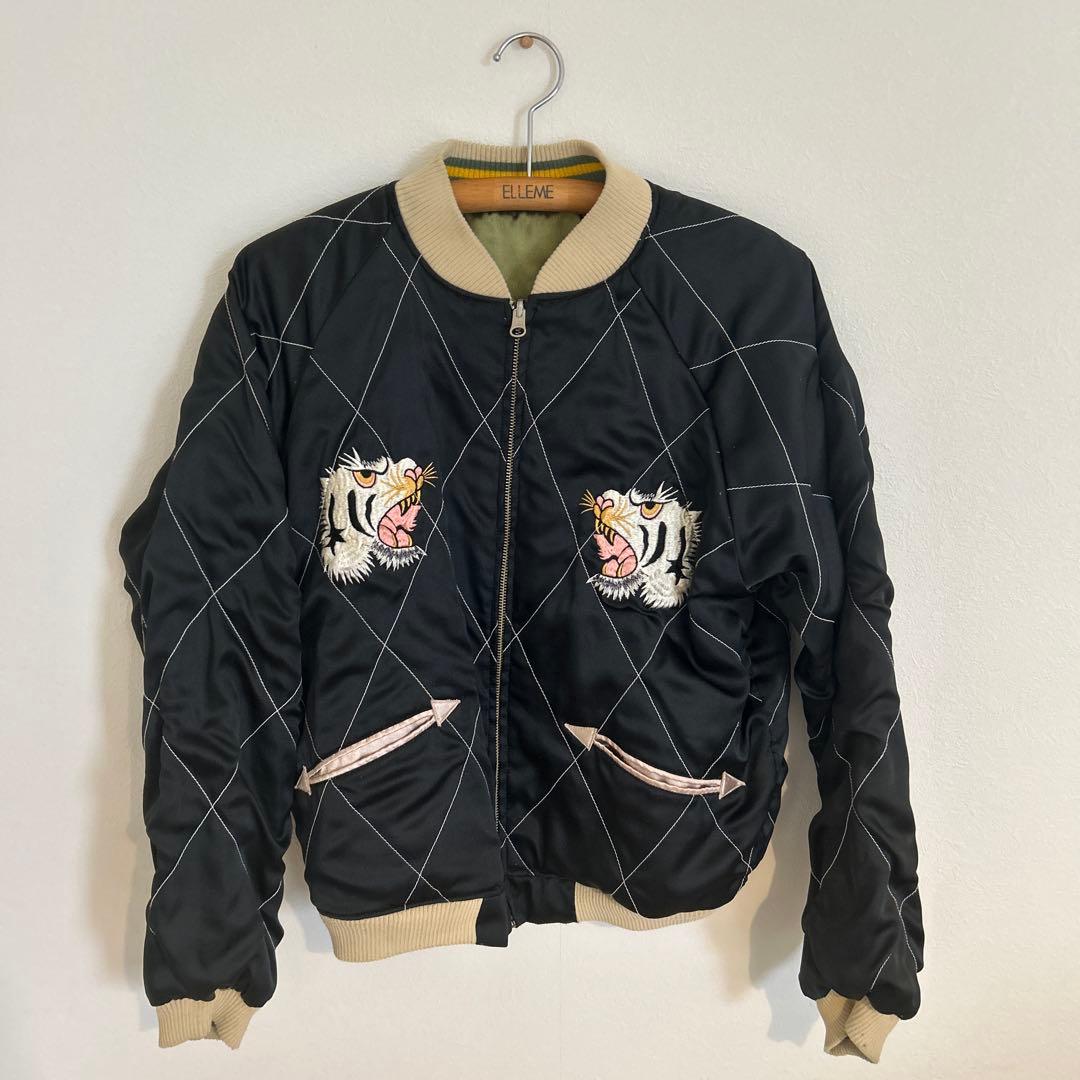 90s 回転式ジップ ビンテージスカジャン 白虎×龍×日本地図　テーラー東洋