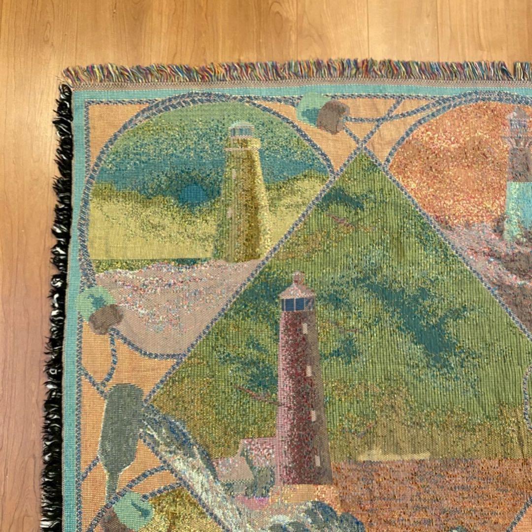 美品　CROWN CRAFTS 灯台柄 ゴブラン織り ラグ タペストリー