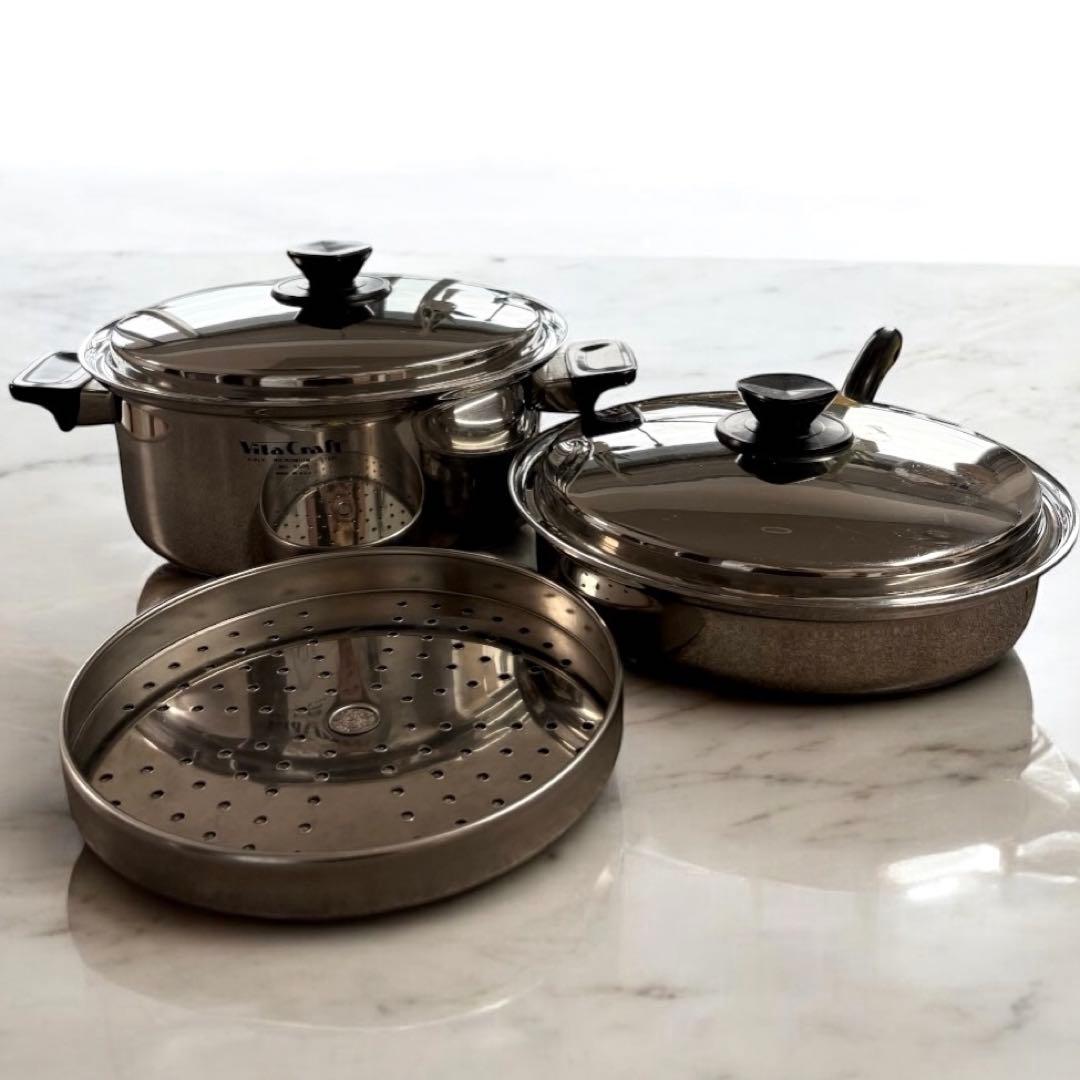 美品★ビタクラフト★5506 両手鍋 5.5L 蒸し器付き＆5511 フライパン