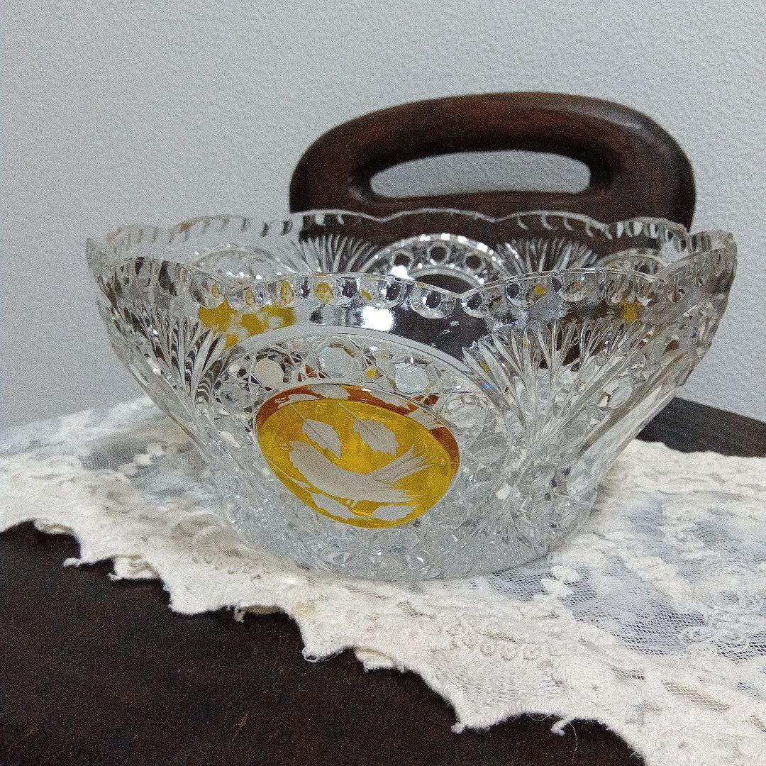 ホフバウワー イエローバードクリスタルガラス ボウル 小鳥アンティーク　西ドイツ