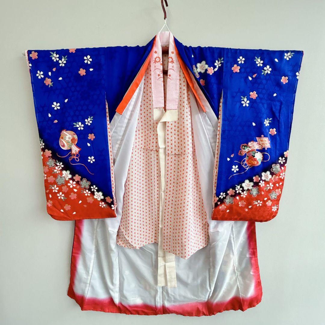 美品正絹　フルセット　七五三　７歳女の子　着物＆帯＆長襦袢＆小物セット　青×赤