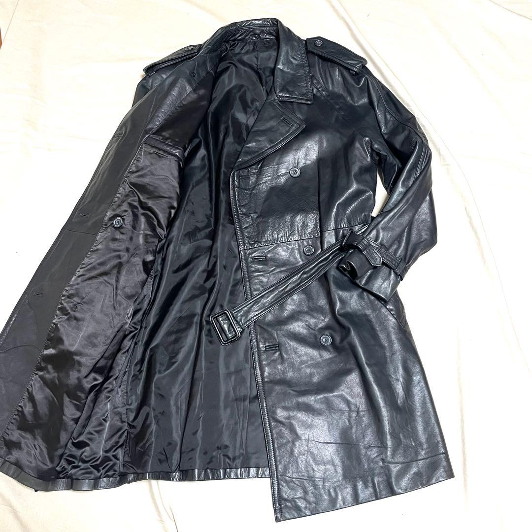ACROCORE　カウレザーロングトレンチコート　牛革　ベルト付き　黒　L程