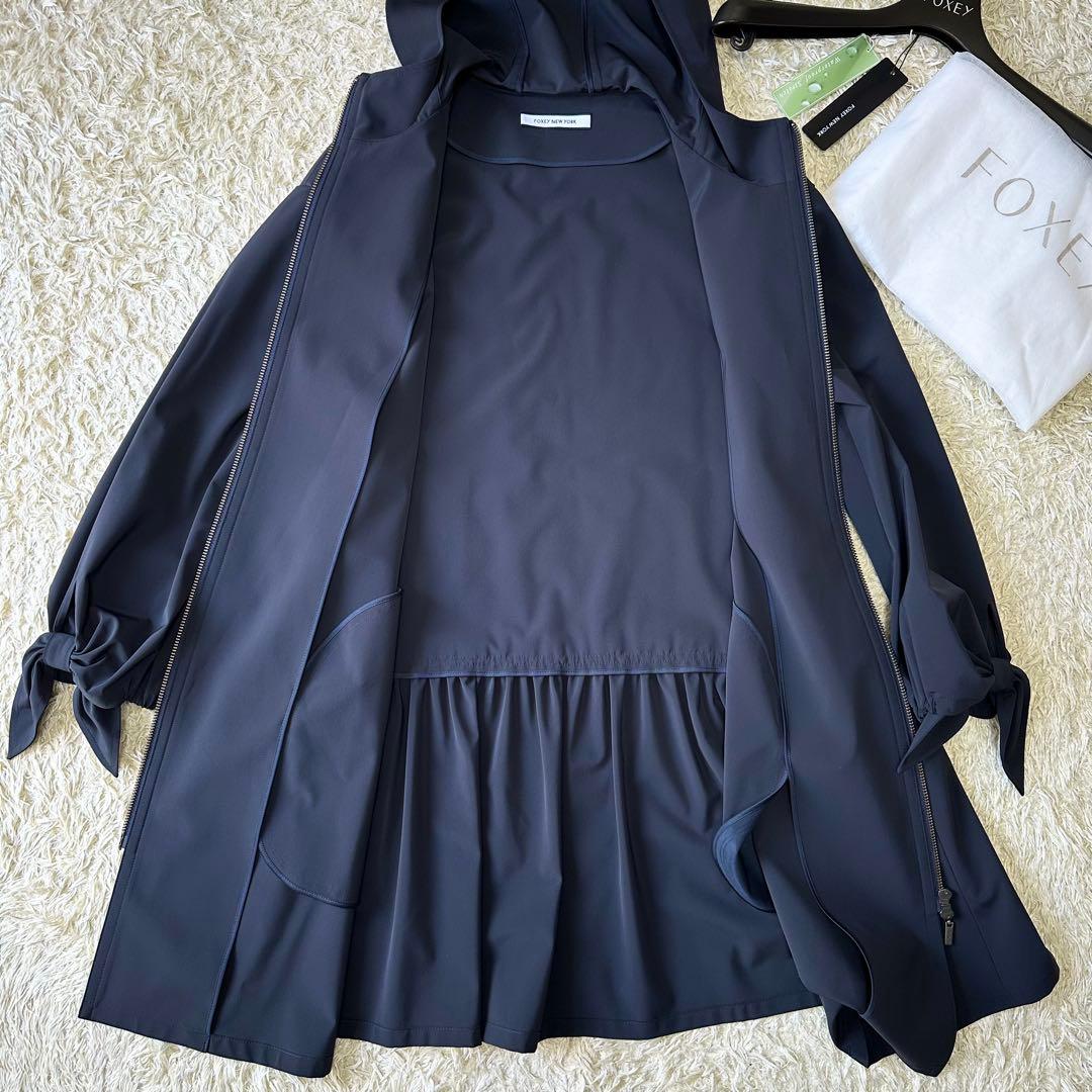 美品 FOXEY リボン ウォータープルーフ コート フード ネイビー 撥水