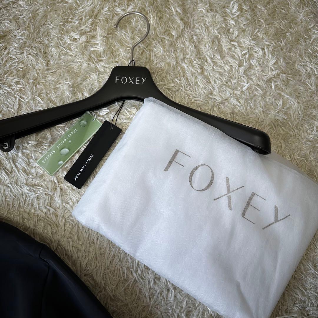 美品 FOXEY リボン ウォータープルーフ コート フード ネイビー 撥水