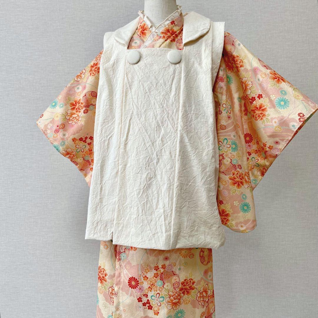 【JAM】七五三 着物＆被布エプロンセット 朱色和柄×生成り／ハンドメイド