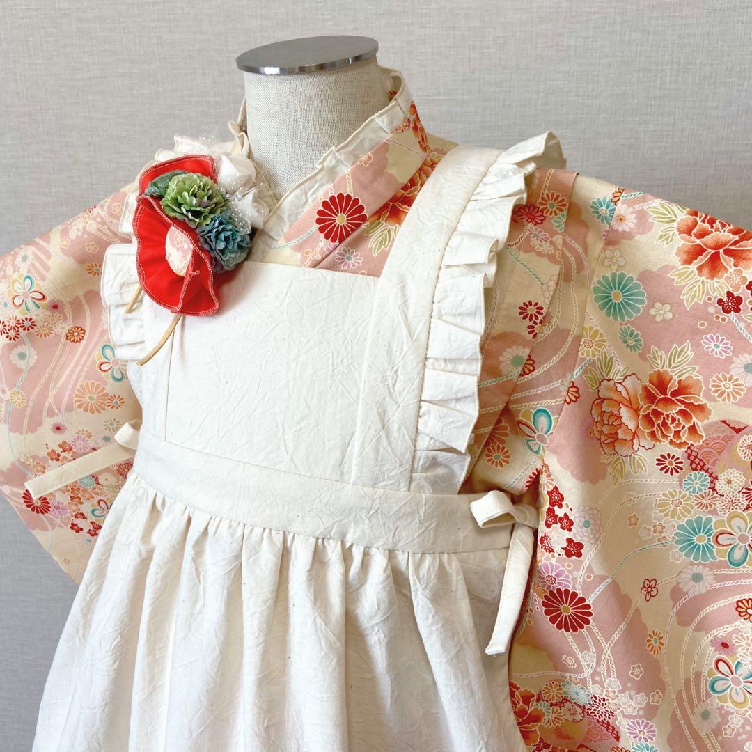 【JAM】七五三 着物＆被布エプロンセット 朱色和柄×生成り／ハンドメイド