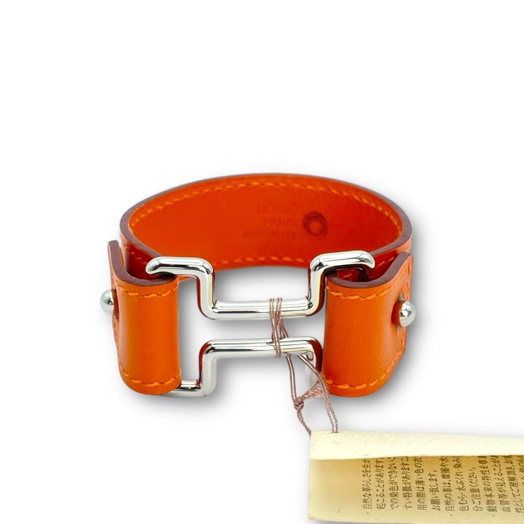 【美品】HERMES ナイトレザー ブレスレット オレンジ シルバー