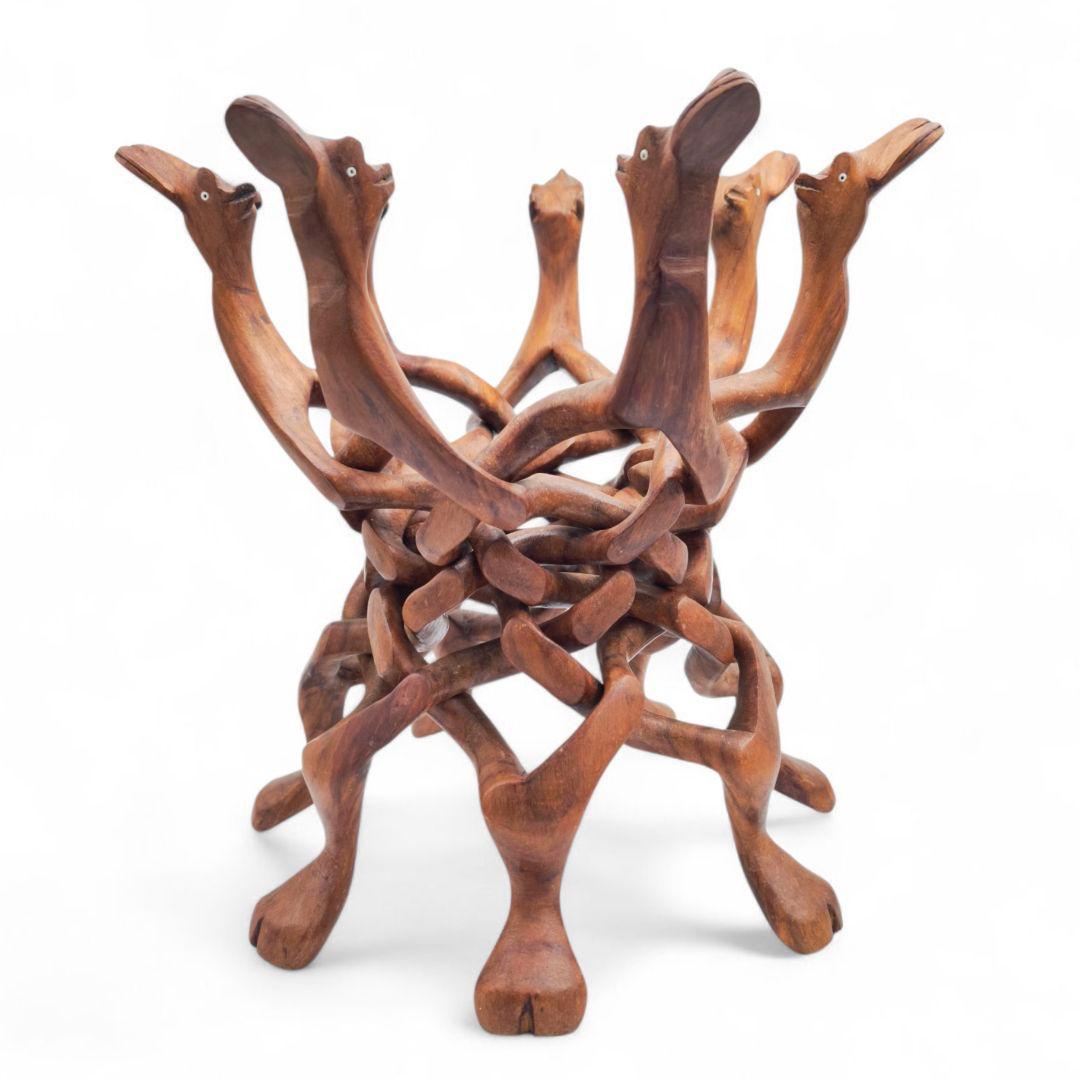 アンティーク品 木彫 一本彫り 駱駝型 折り畳み式 花台 ラクダ 置物 古道具