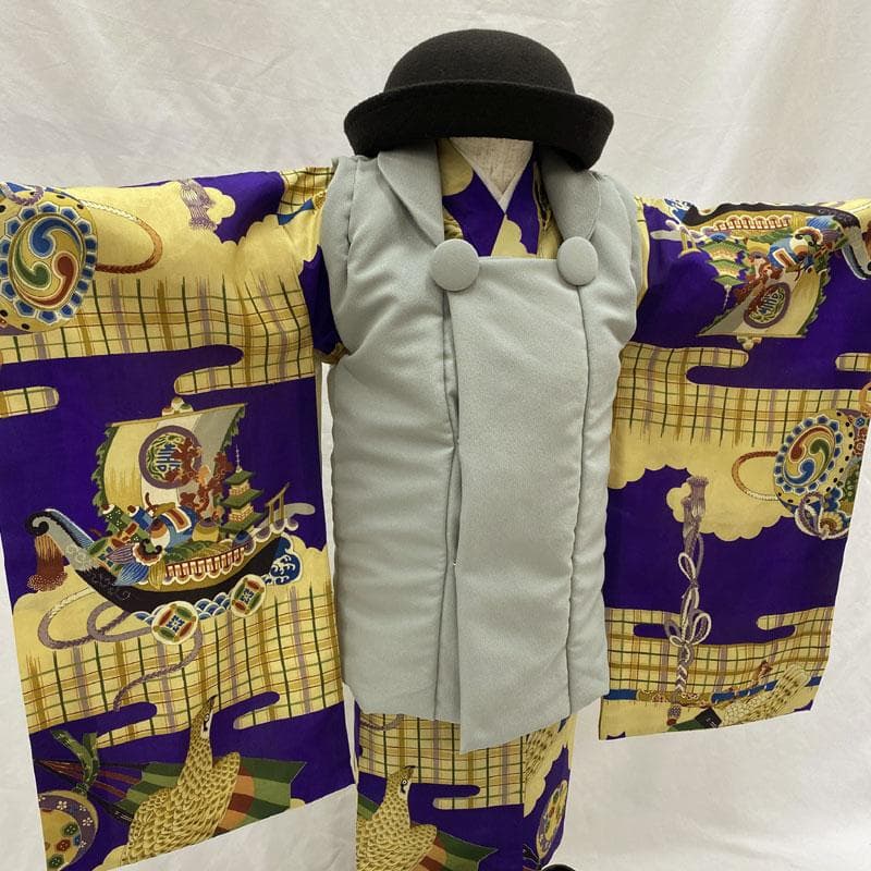 510ab3◎七五三 三歳 男の子 アンティーク着物&被布 レトロ 濃紫◎