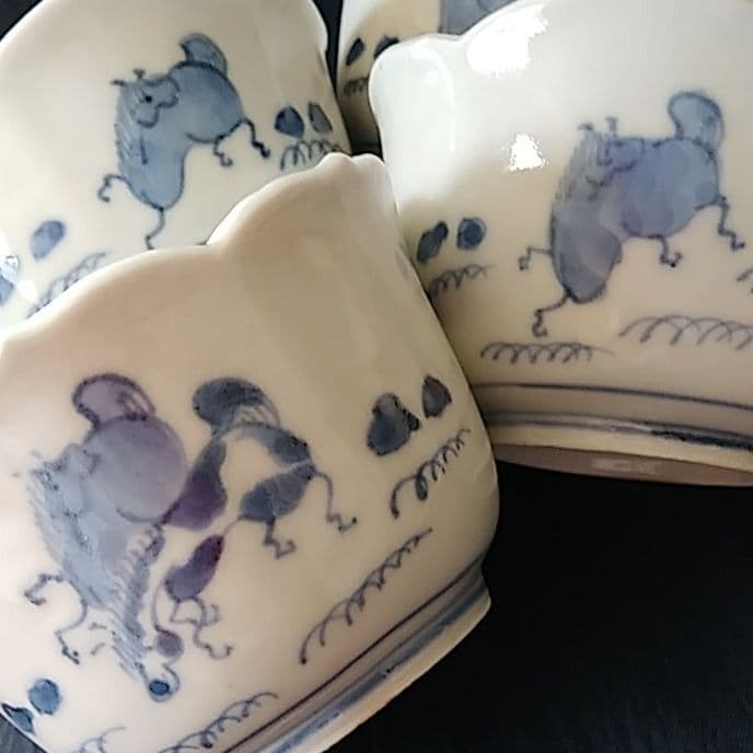 「馬の絵が上手(うま)い！」古伊万里 染付馬図向付 4客セット 骨董アンティー