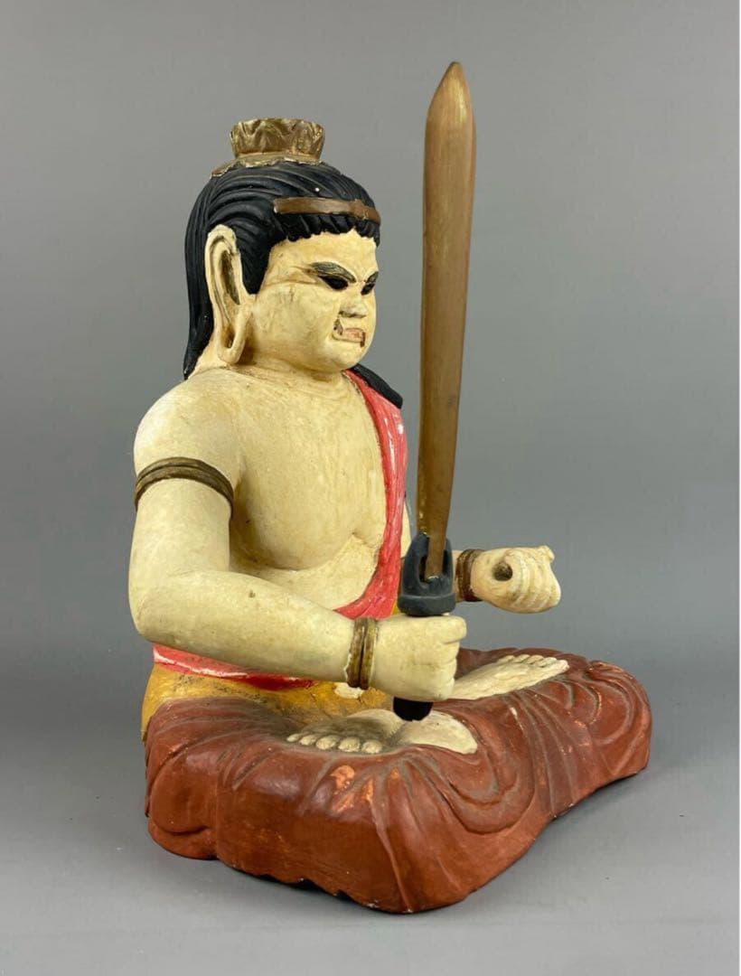 時代物 木彫彩色 不動明王坐像 木製 骨董品 古美術品 置物 東洋彫刻