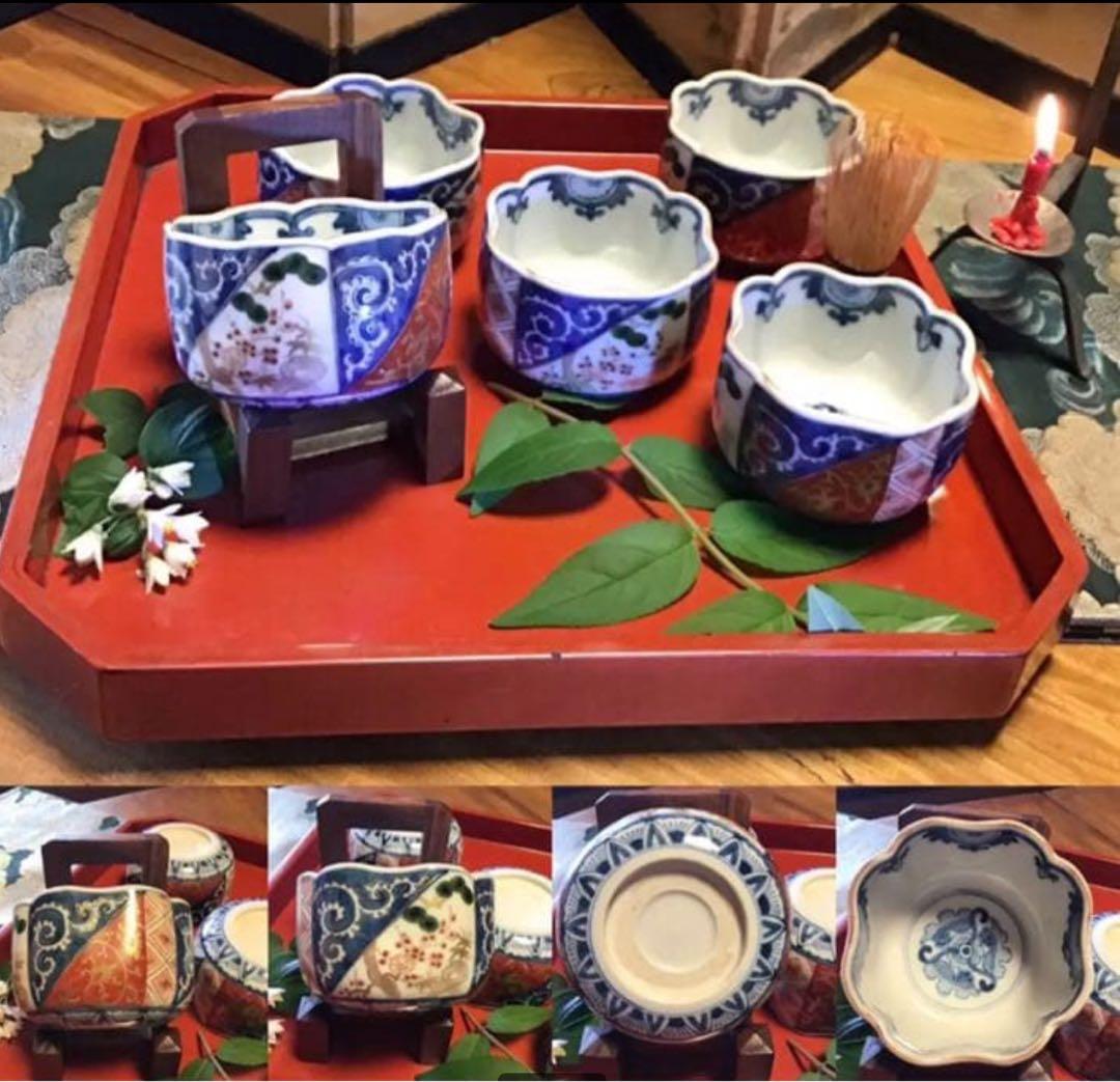 A1058古伊万里　最上手　染錦手　逆蛸唐草　松竹梅　波縁形鉢　向付　5客