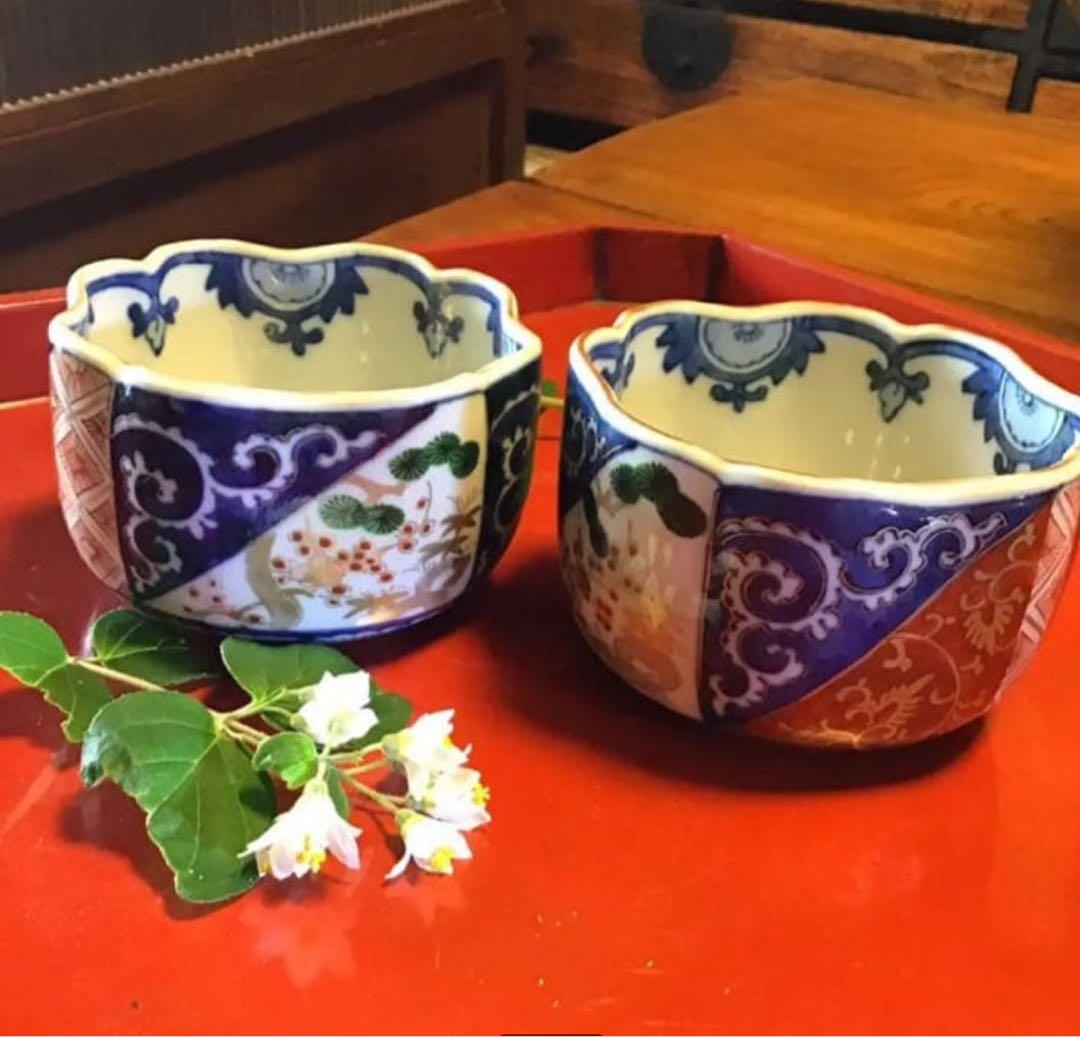 A1058古伊万里　最上手　染錦手　逆蛸唐草　松竹梅　波縁形鉢　向付　5客