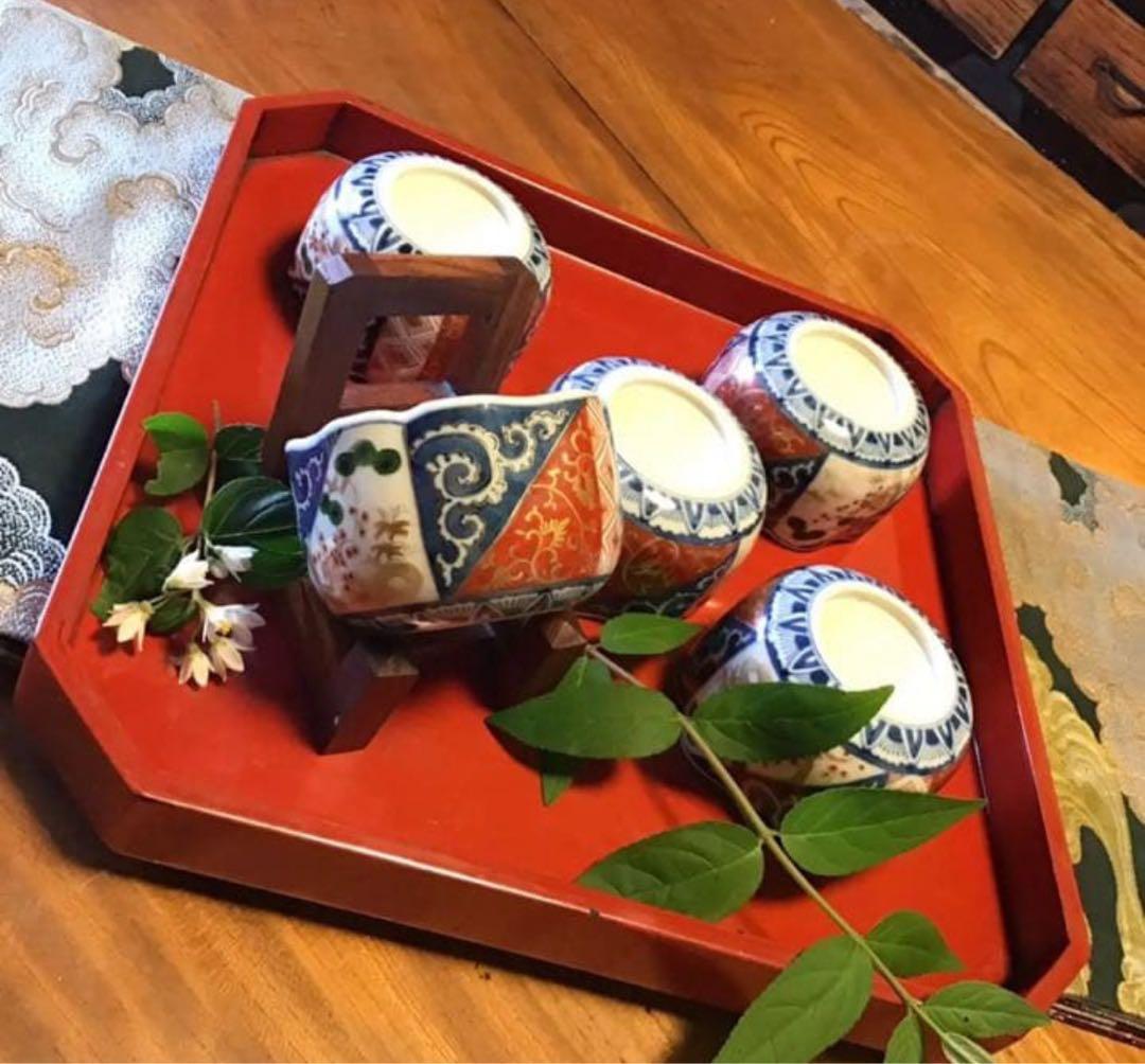 A1058古伊万里　最上手　染錦手　逆蛸唐草　松竹梅　波縁形鉢　向付　5客