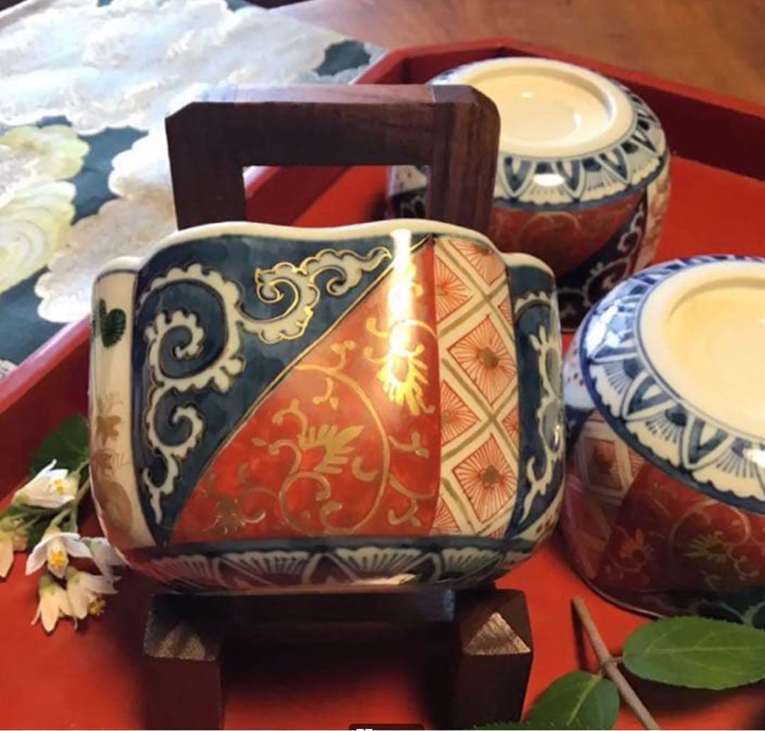 A1058古伊万里　最上手　染錦手　逆蛸唐草　松竹梅　波縁形鉢　向付　5客