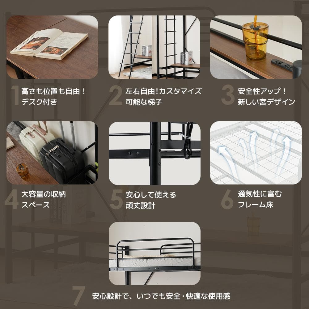 大人気！高機能ロフトベッド コンセント・可動デスク付き二段耐震ベッド　BLACK
